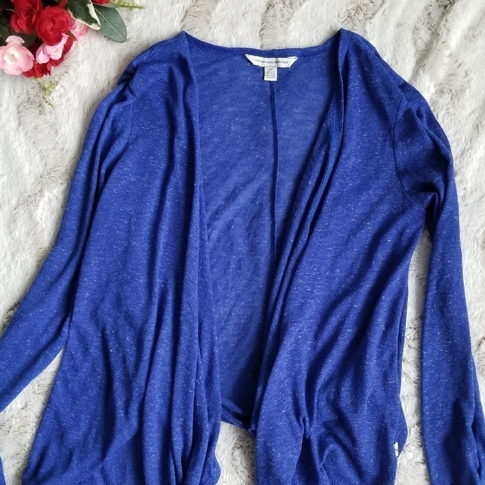 American Eagle Outfitters Linen Blend Blue Open Cardigan Size S
